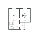 2-комнатная, 47.7 м², жилая: 30.8 м², кухня: 6.3 м²