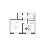 2-комнатная, 39.3 м², жилая: 23.2 м², кухня: 4.4 м²
