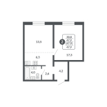 2-комнатная, 47.9 м², жилая: 30.8 м², кухня: 6.3 м²