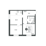 3-комнатная, 52.9 м², жилая: 33.7 м², кухня: 5.5 м²