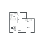 2-комнатная, 39.3 м², жилая: 23.2 м², кухня: 4.4 м²