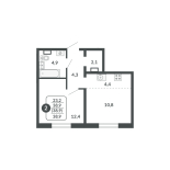 2-комнатная, 38.9 м², жилая: 23.2 м², кухня: 4.4 м²