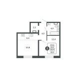 2-комнатная, 38.9 м², жилая: 23.2 м², кухня: 4.4 м²