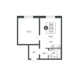 2-комнатная, 47.9 м², жилая: 30.8 м², кухня: 6.3 м²