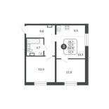 3-комнатная, 52.9 м², жилая: 33.7 м²