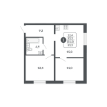 1-комнатная, 53.3 м², жилая: 12.4 м²